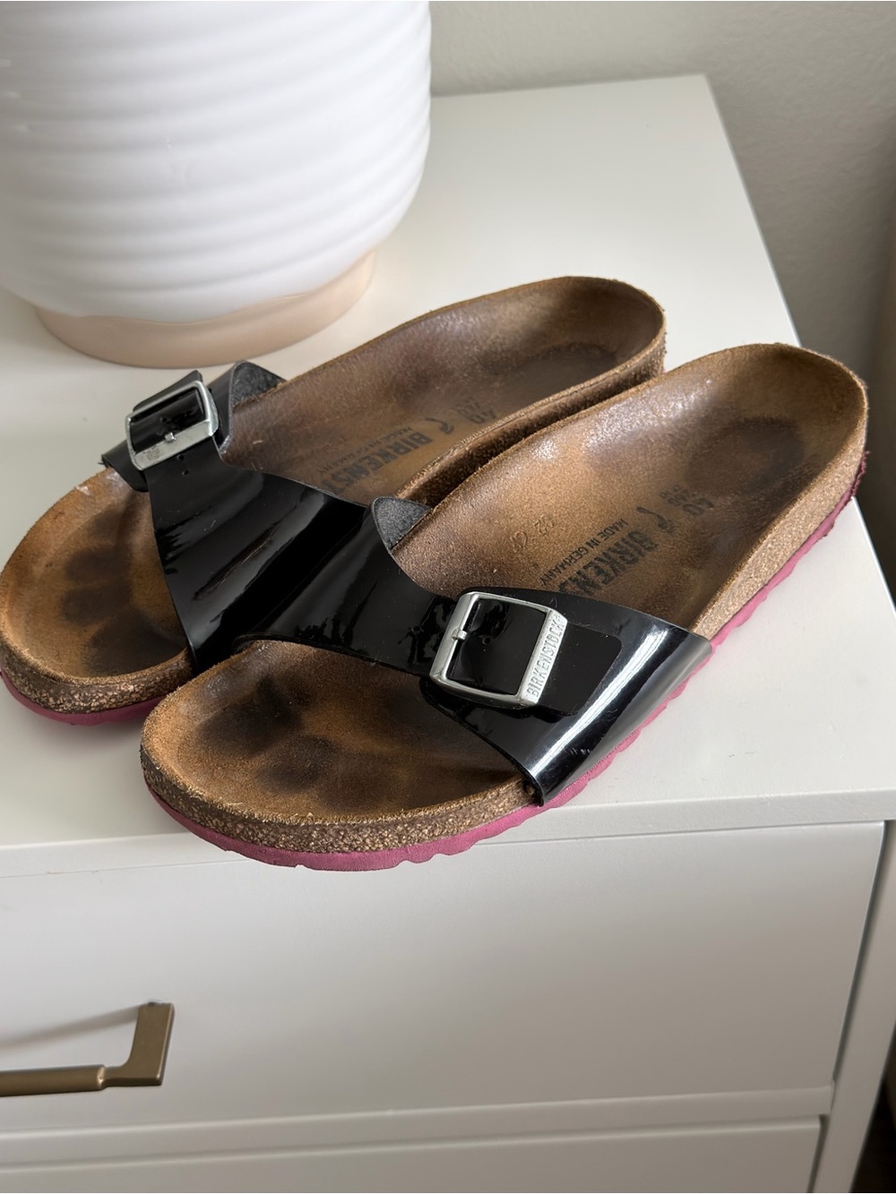 Birkenstock Patent Single-Strap Slide Sandals in Black with Pink Sole